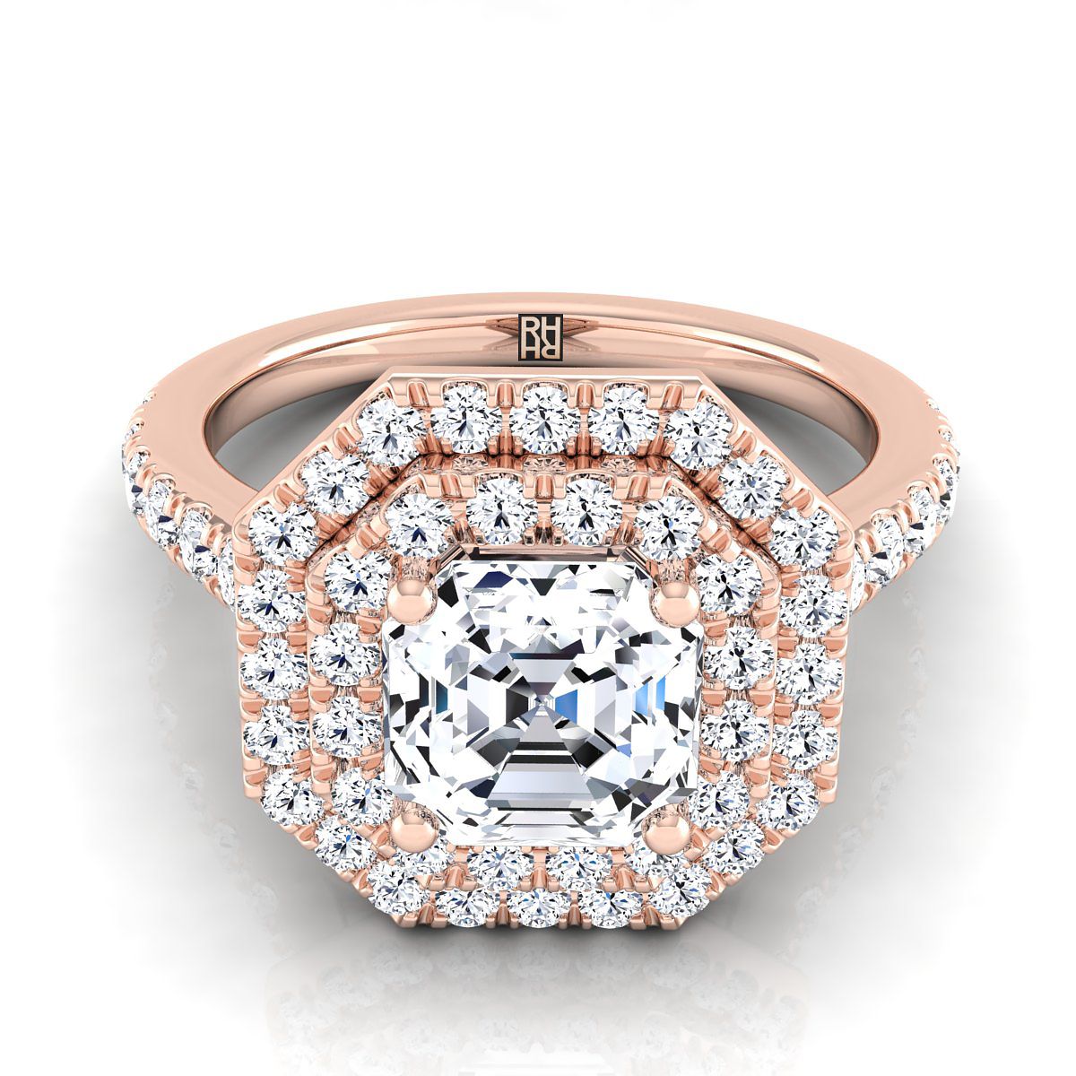 Double Pavé Halo Linear Band Asscher, in 14K Rose Gold, pave setting | RockHer