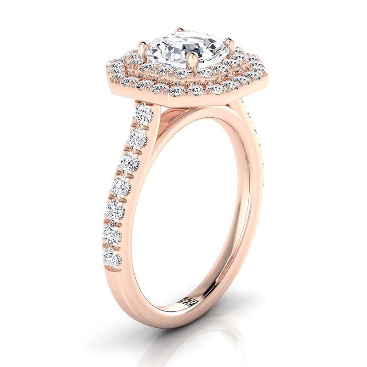 แหวนหมั้นเพชรแบบ Double Pave Halo ตัด Asscher 14K สีโรสโกลด์ - 7/8ctw