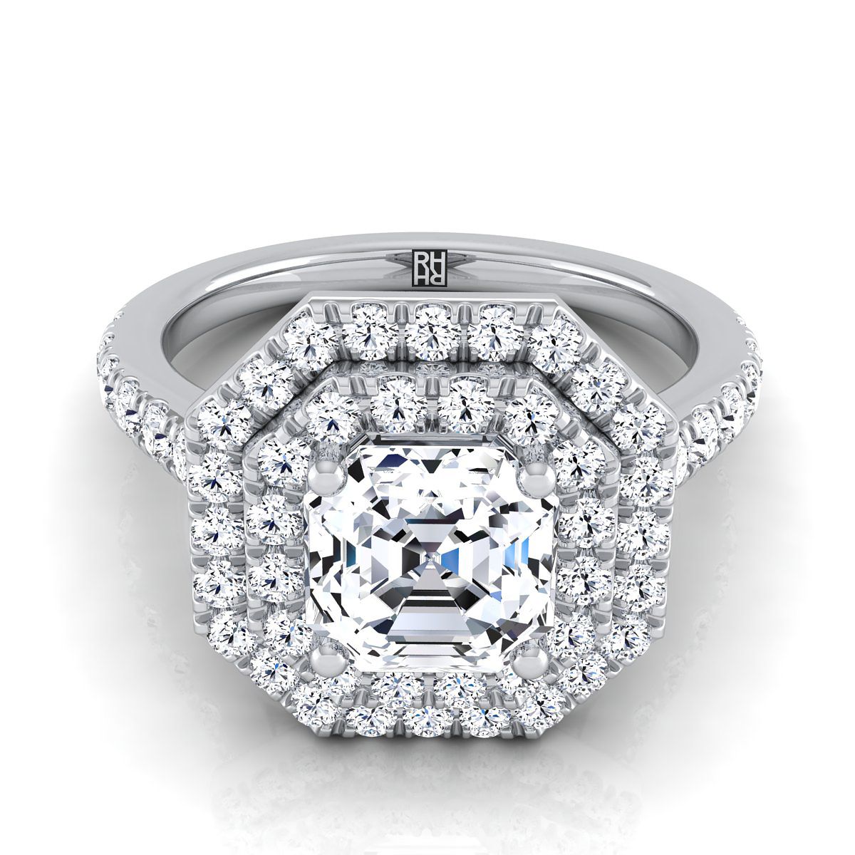 Double Pavé Halo Linear Band Asscher, in 18K White Gold, pave setting | RockHer