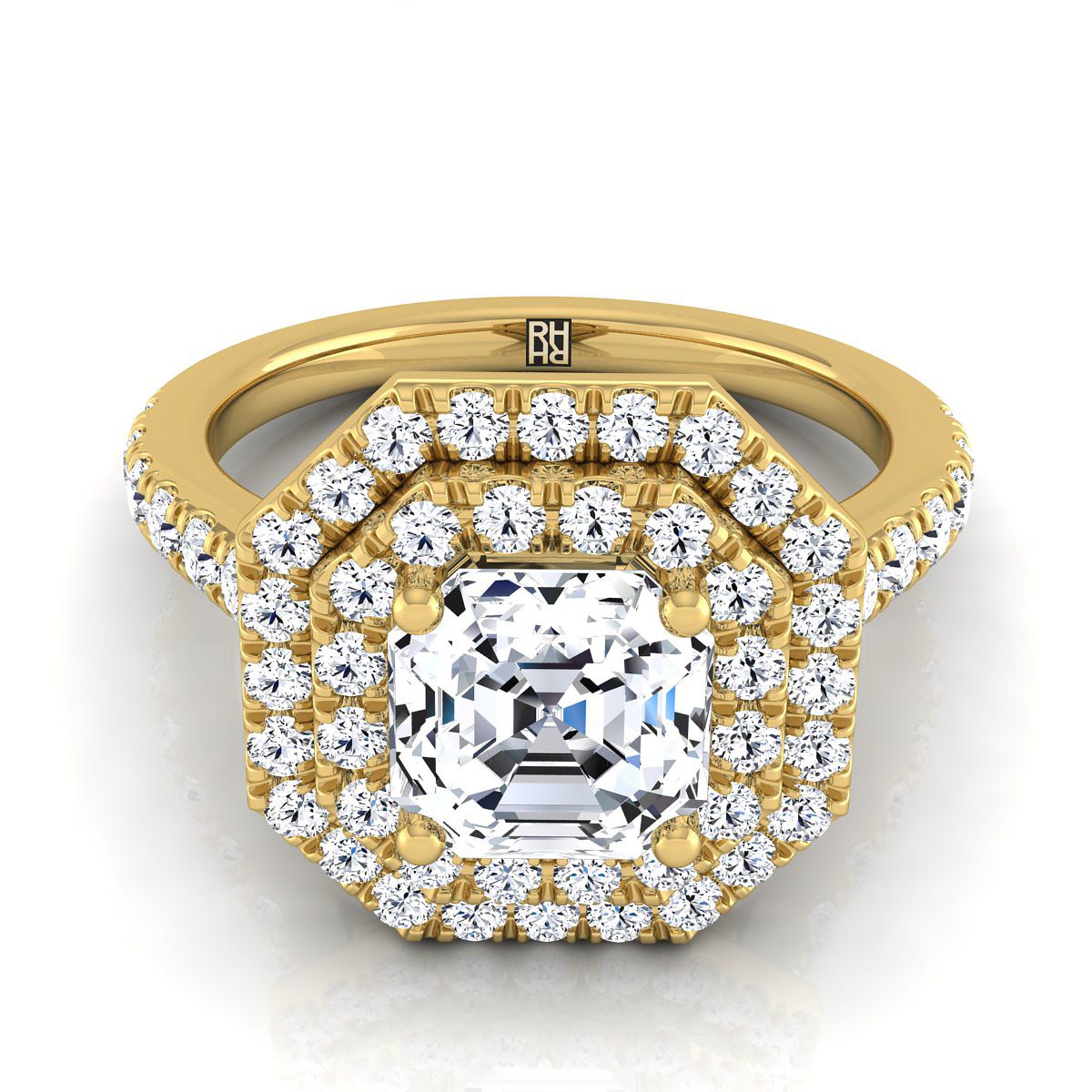 Double Pavé Halo Linear Band Asscher, in 18K Yellow Gold, pave setting | RockHer