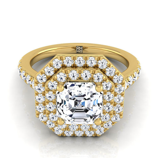 Double Pavé Halo Linear Band Asscher, in 18K Yellow Gold, pave setting | RockHer