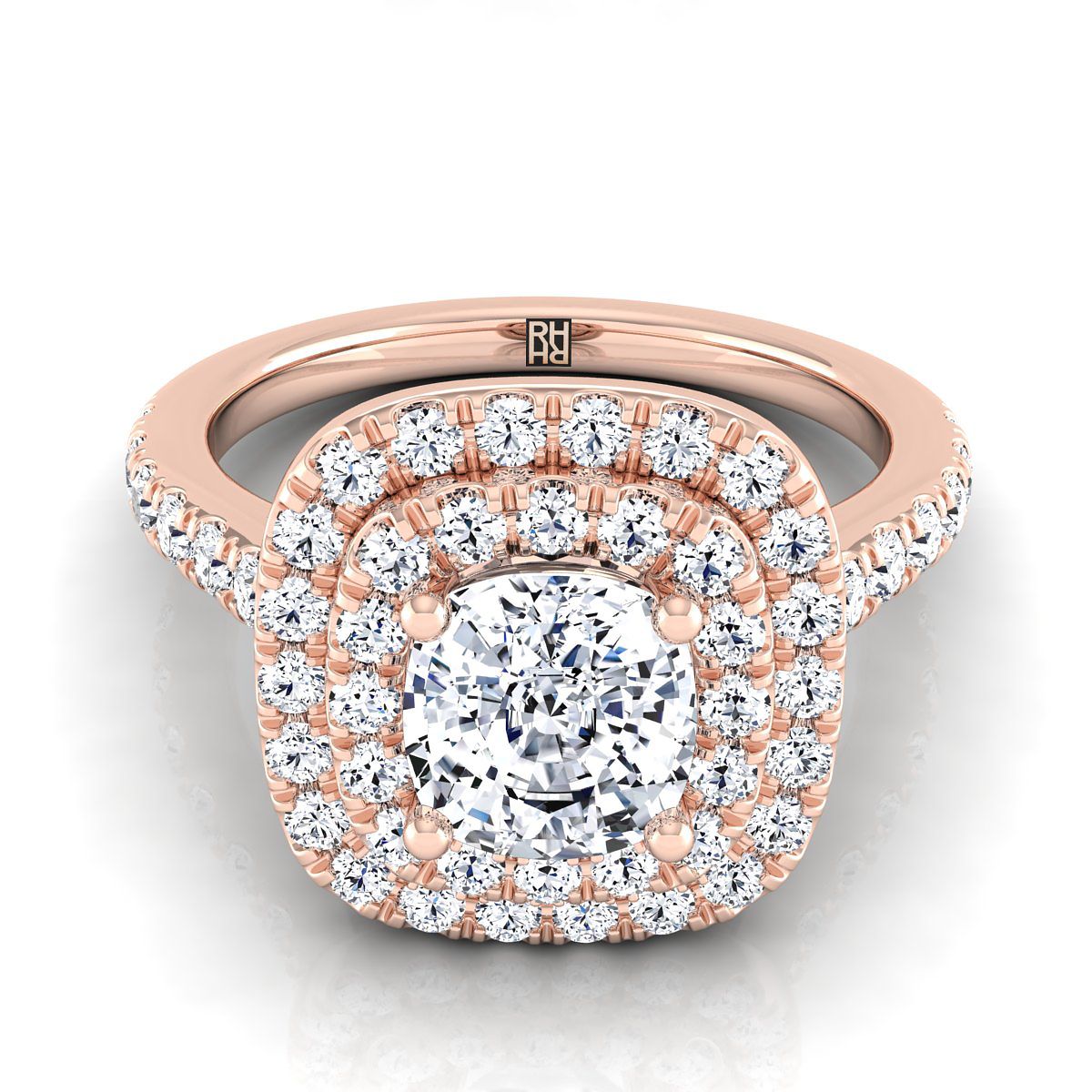 Double Pavé Halo Linear Band Cushion, in 14K Rose Gold, pave setting | RockHer