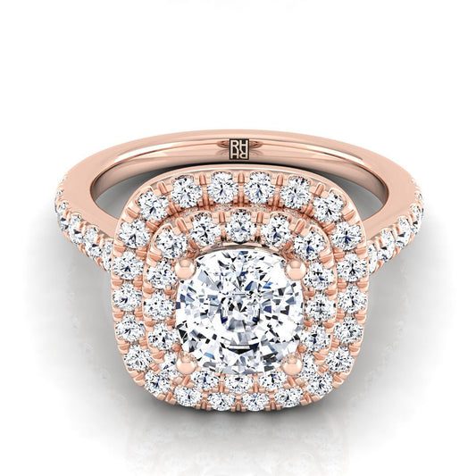 Double Pavé Halo Linear Band Cushion, in 14K Rose Gold, pave setting | RockHer