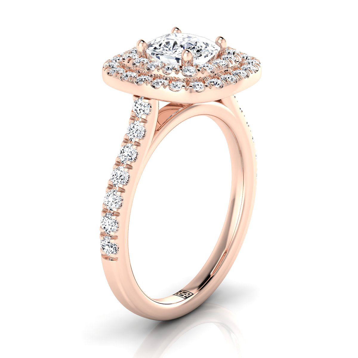 Double Pavé Halo Linear Band Cushion, in 14K Rose Gold, pave setting – side profile | RockHer