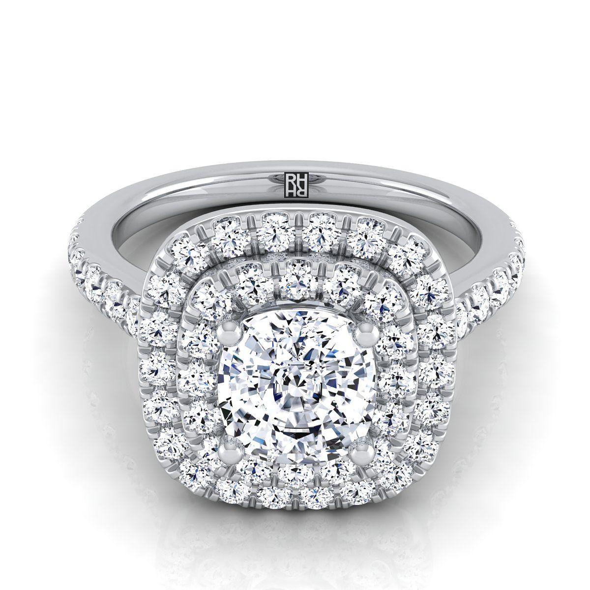 18K White Gold Cushion Double Pave Halo with Linear Diamond Engagement Ring -3/4ctw