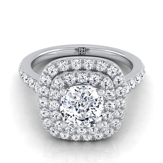 แหวนหมั้นเพชร 18K ทองขาวรูปหมอนแบบดับเบิลเพฟ ฮาโล่ พร้อมเพชรเส้นตรง - 3/4ctw