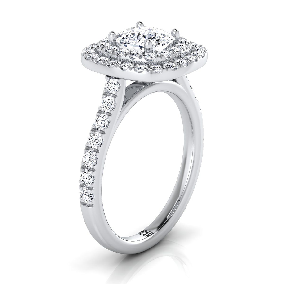 18K White Gold Cushion Double Pave Halo with Linear Diamond Engagement Ring -3/4ctw