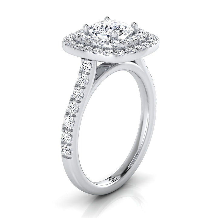 18K White Gold Cushion Double Pave Halo with Linear Diamond Engagement Ring -3/4ctw