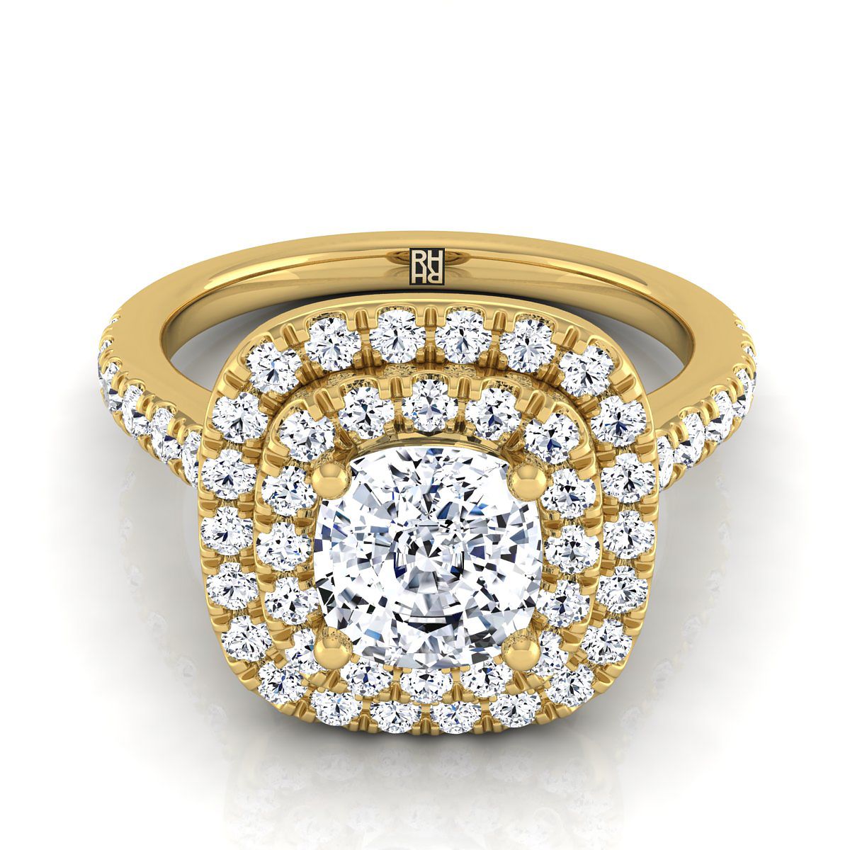 Double Pavé Halo Linear Band Cushion, in 18K Yellow Gold, pave setting | RockHer