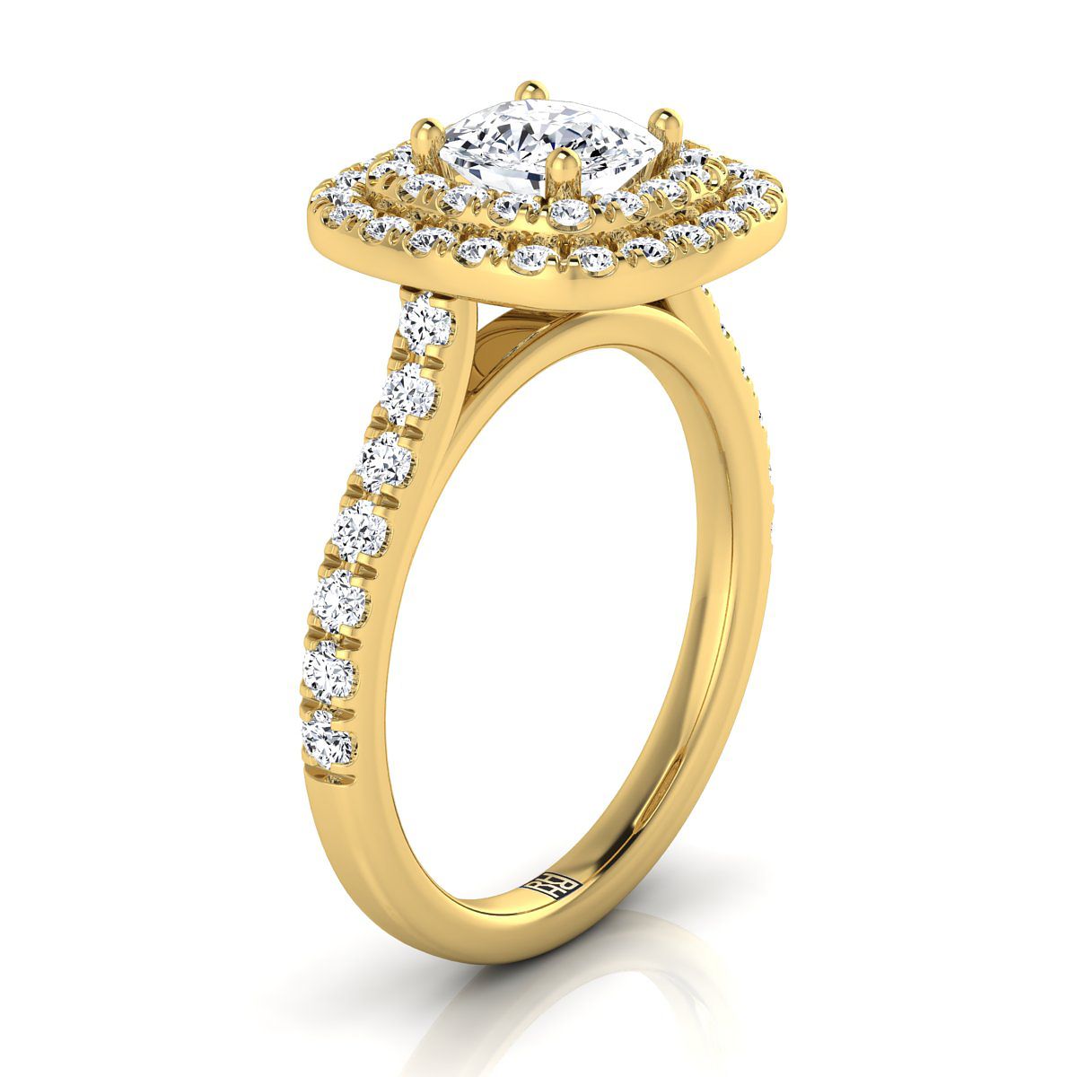 Double Pavé Halo Linear Band Cushion, in 18K Yellow Gold, pave setting – side profile | RockHer