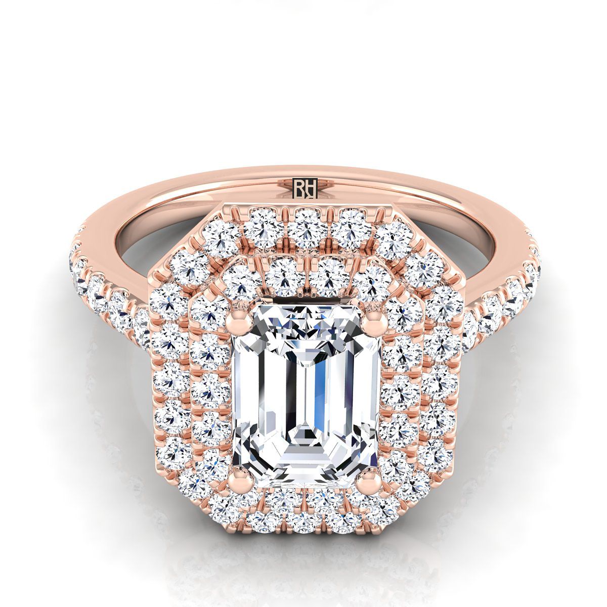 European Cut, Double Pavé Halo Linear Band Emerald, in 14K Rose Gold, pave setting | RockHer
