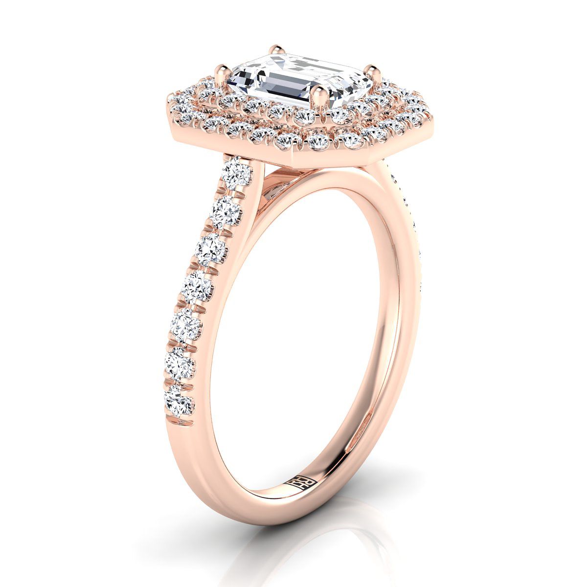 European Cut, Double Pavé Halo Linear Band Emerald, in 14K Rose Gold, pave setting – side profile | RockHer