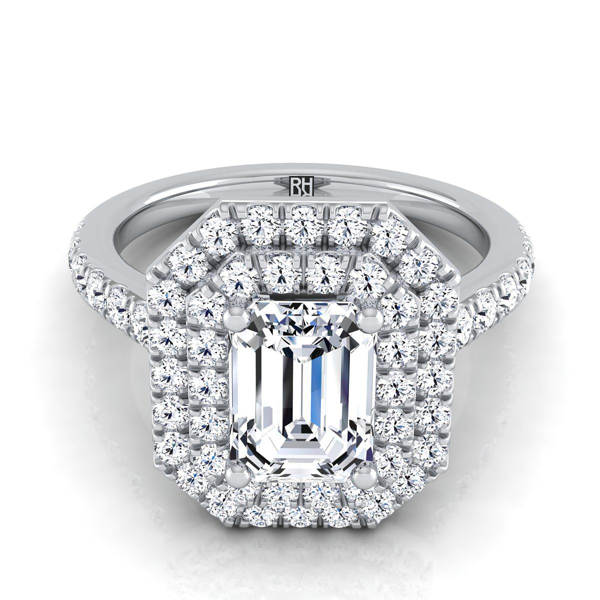 European Cut, Double Pavé Halo Linear Band Emerald, in Platinum, pave setting | RockHer