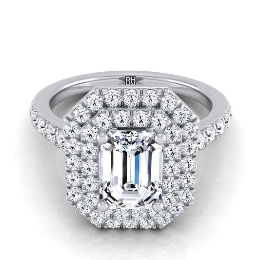 European Cut, Double Pavé Halo Linear Band Emerald, in Platinum, pave setting | RockHer