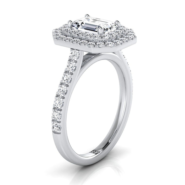 European Cut, Double Pavé Halo Linear Band Emerald, in Platinum, pave setting – side profile | RockHer