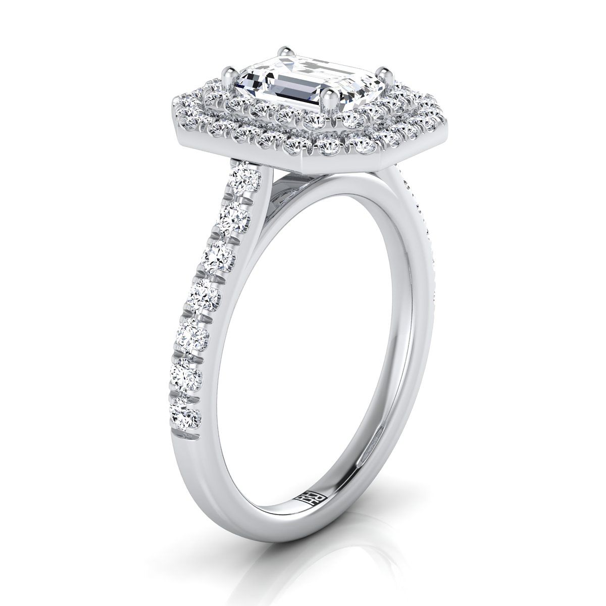European Cut, Double Pavé Halo Linear Band Emerald, in 18K White Gold, pave setting – side profile | RockHer