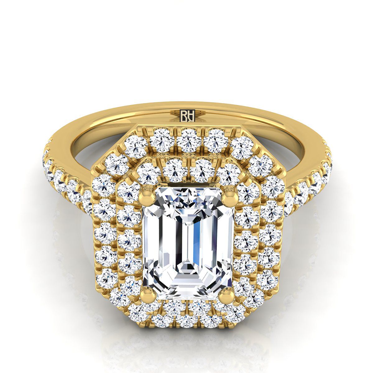 European Cut, Double Pavé Halo Linear Band Emerald, in 18K Yellow Gold, pave setting | RockHer
