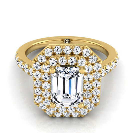 แหวนหมั้นทองคำเหลือง 14K แบบตัดมรกต พร้อมฮาโลคู่ประดับเพชรเส้นตรง - 7/8ctw