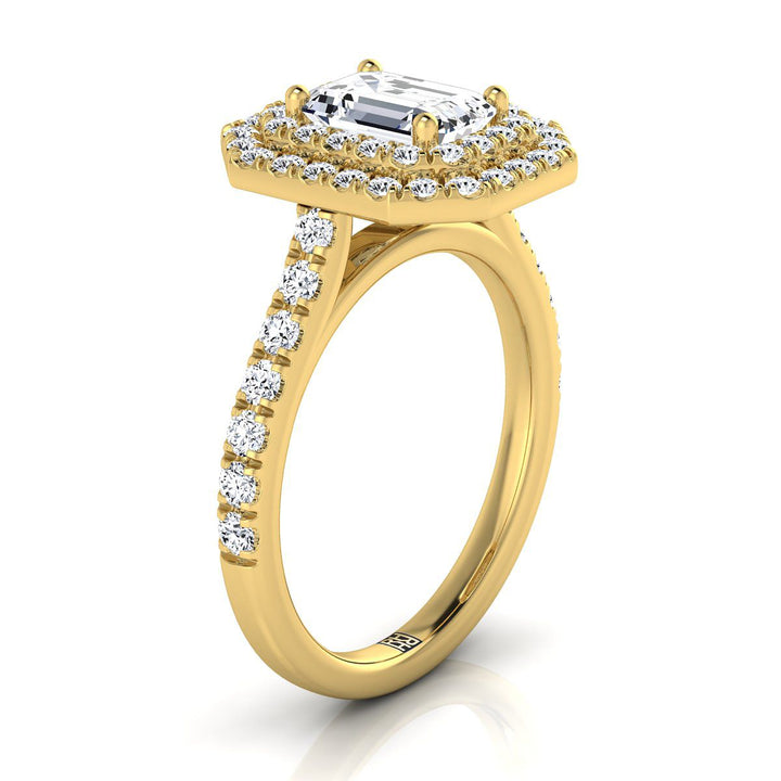 European Cut, Double Pavé Halo Linear Band Emerald, in 18K Yellow Gold, pave setting – side profile | RockHer