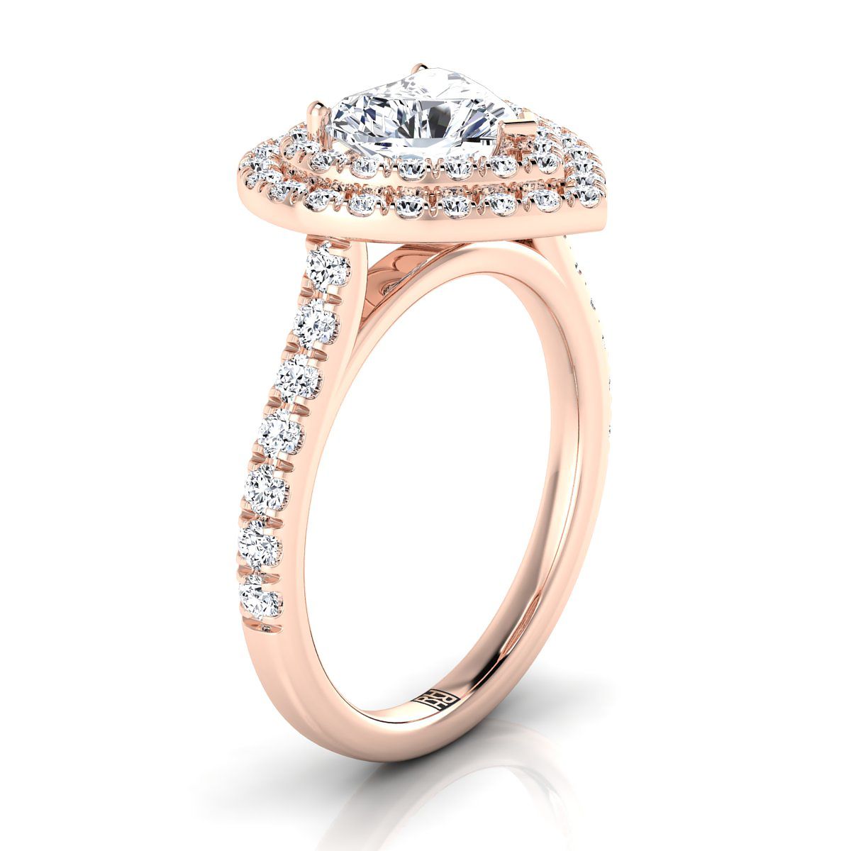 แหวนหมั้นรูปหัวใจทองคำชมพู 14K แบบกลางที่มีเพชรพาเว่สองชั้นและเพชรเส้นตรง -7/8ctw