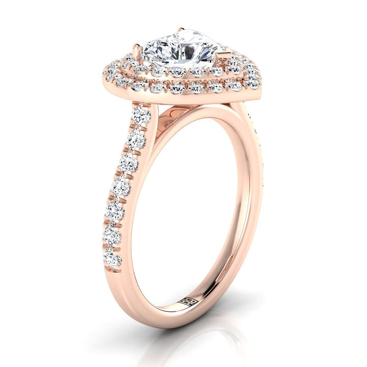 แหวนหมั้นรูปหัวใจทองคำชมพู 14K แบบกลางที่มีเพชรพาเว่สองชั้นและเพชรเส้นตรง -7/8ctw