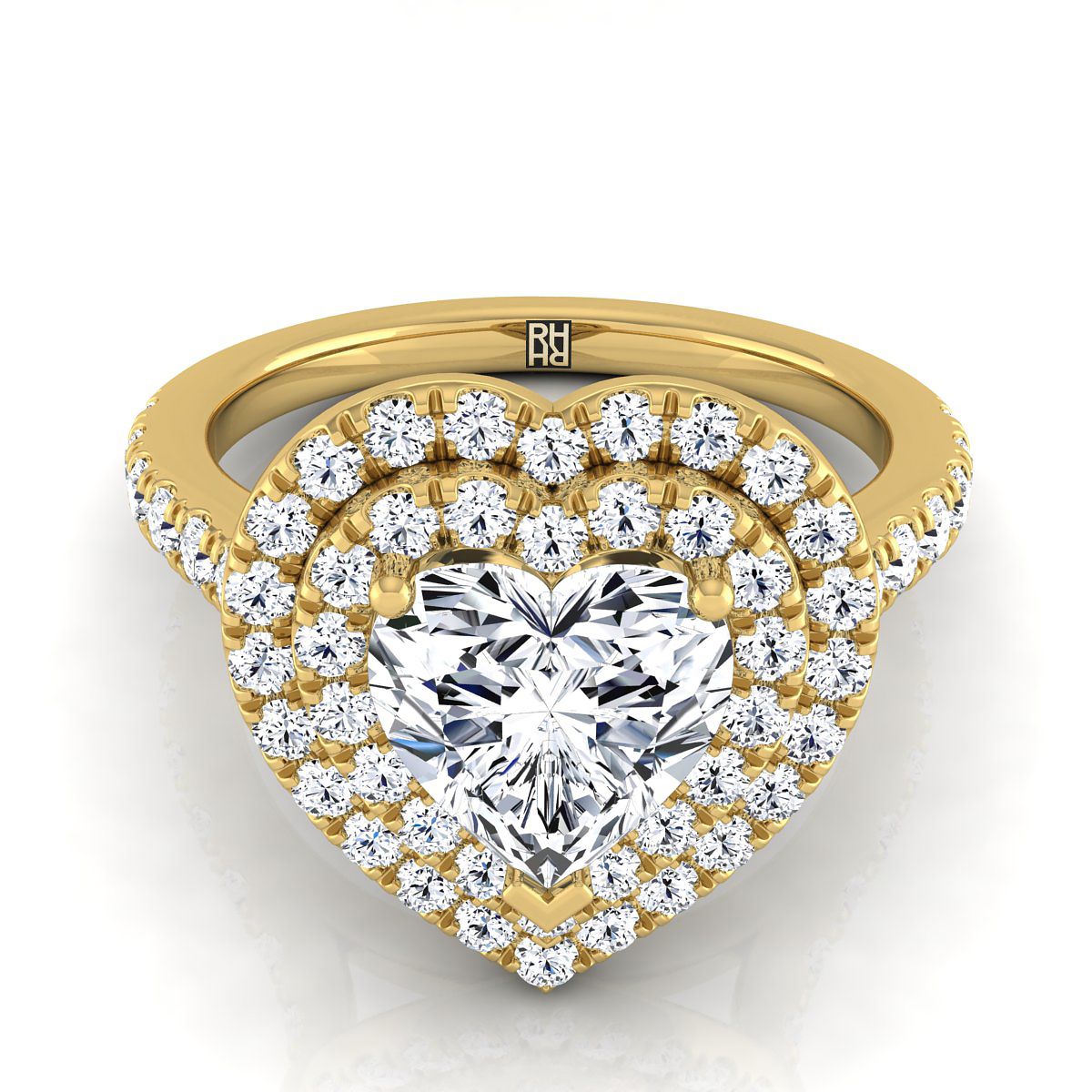 แหวนหมั้นเพชรรูปหัวใจกลางทองคำเหลือง 14K พร้อมฮาโลคู่แบบปาเว่และเพชรเส้นตรง - 7/8ctw