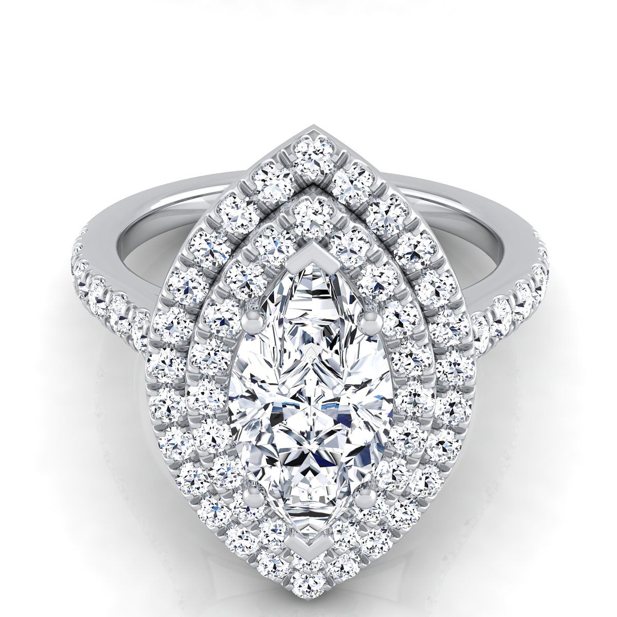 แหวนหมั้นเพชร 14K ทองคำขาวรูปมาร์คีส์ พร้อมฮาโลคู่แบบปาเว่และเพชรเส้นตรง - 7/8 กะรัตรวม