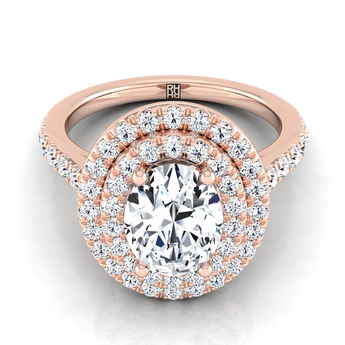 แหวนหมั้นเพชร 14K โรสโกลด์ รูปไข่ แบบดับเบิลเพฟ ฮาโล พร้อมเพชรเส้นตรง - 7/8ctw