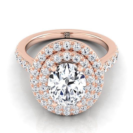 Double Pavé Halo Linear Band Oval, in 14K Rose Gold, pave setting | RockHer