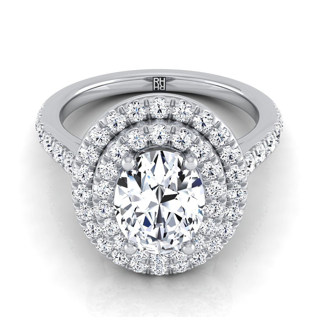 Double Pavé Halo Linear Band Oval, in Platinum, pave setting | RockHer