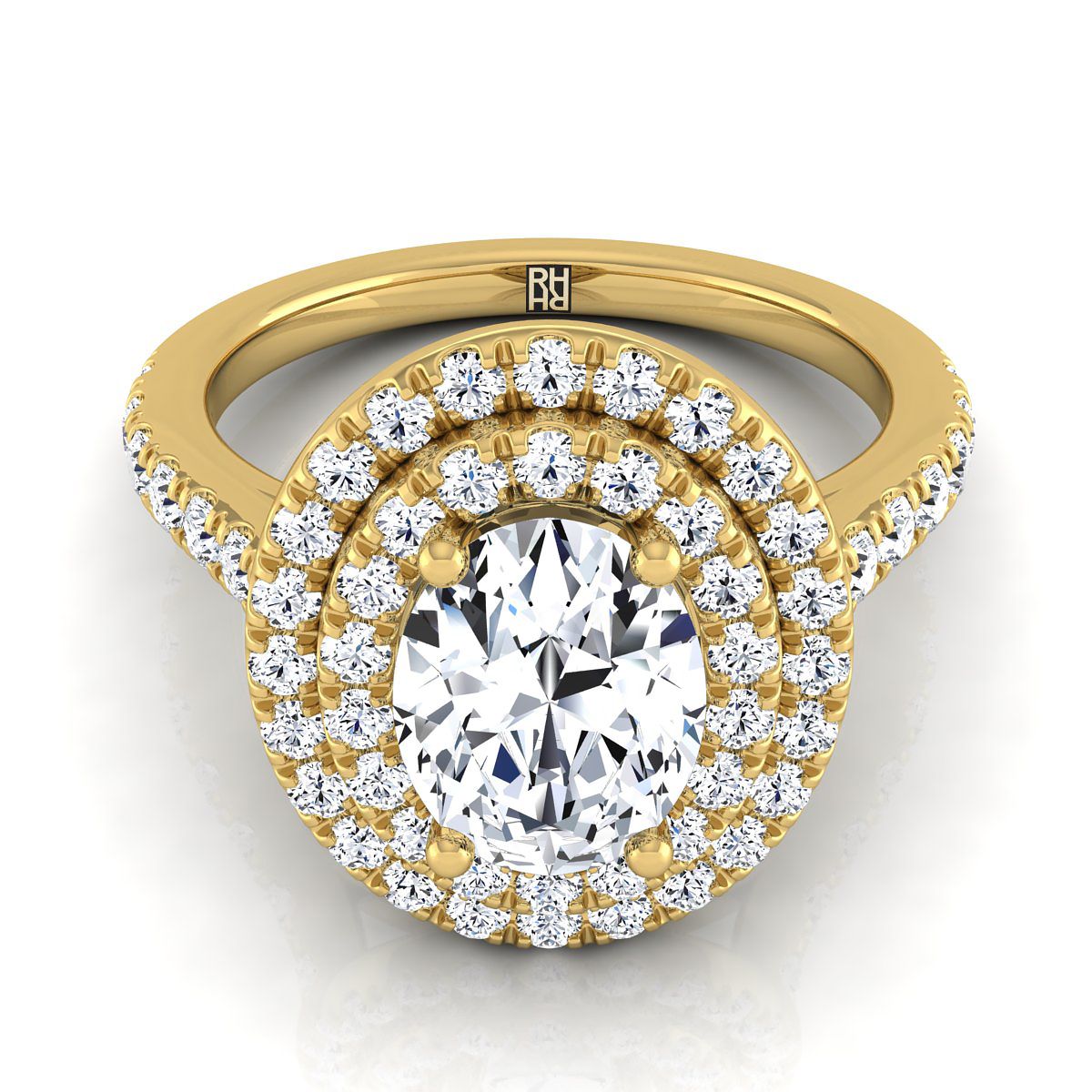 Double Pavé Halo Linear Band Oval, in 18K Yellow Gold, pave setting | RockHer