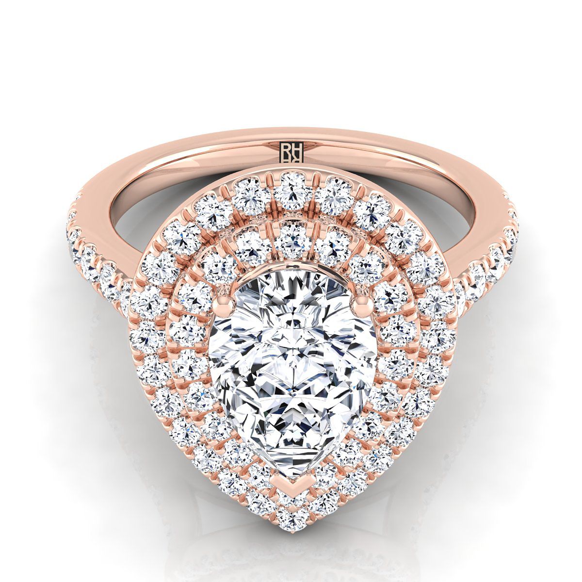 Double Pavé Halo Linear Band Pear Shape, in 14K Rose Gold, pave setting | RockHer