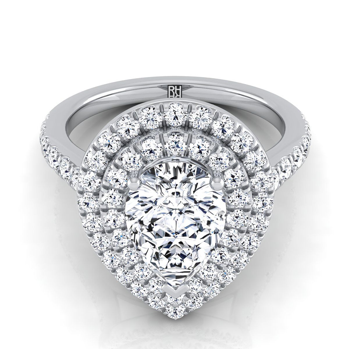 Double Pavé Halo Linear Band Pear Shape, in Platinum, pave setting | RockHer