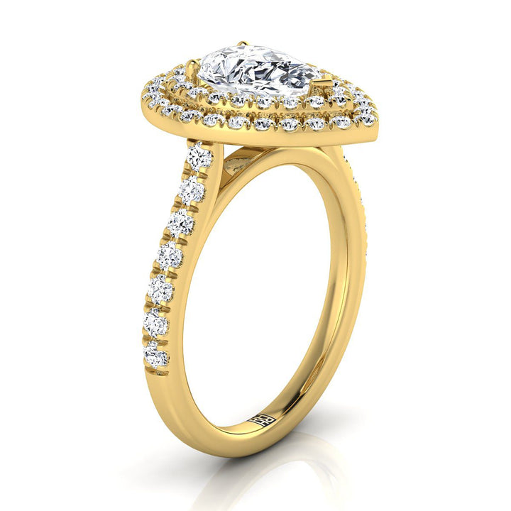 Double Pavé Halo Linear Band Pear Shape, in 18K Yellow Gold, pave setting – side profile | RockHer