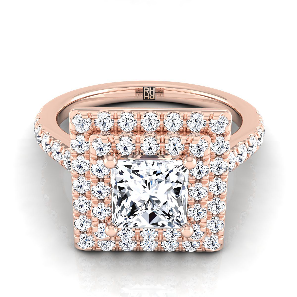 Double Pavé Halo Linear Band Princess, in 14K Rose Gold, pave setting | RockHer
