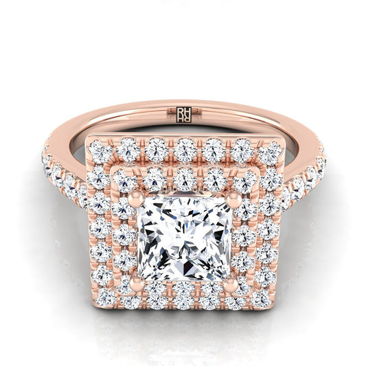 Double Pavé Halo Linear Band Princess, in 14K Rose Gold, pave setting | RockHer