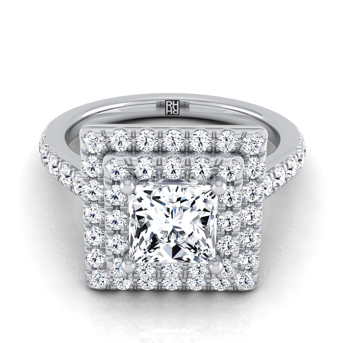 Double Pavé Halo Linear Band Princess, in Platinum, pave setting | RockHer