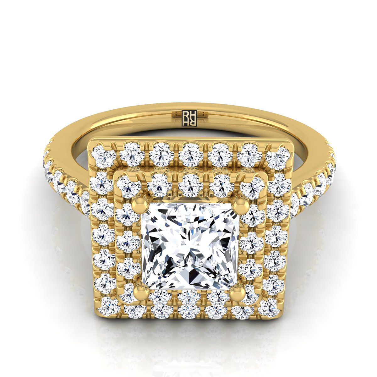 Double Pavé Halo Linear Band Princess, in 18K Yellow Gold, pave setting | RockHer