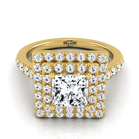 แหวนหมั้นเพชรทรงเจ้าหญิง 18K ทองเหลืองสองชั้นแบบพาเว่พร้อมเพชรเส้นตรง - 7/8ctw