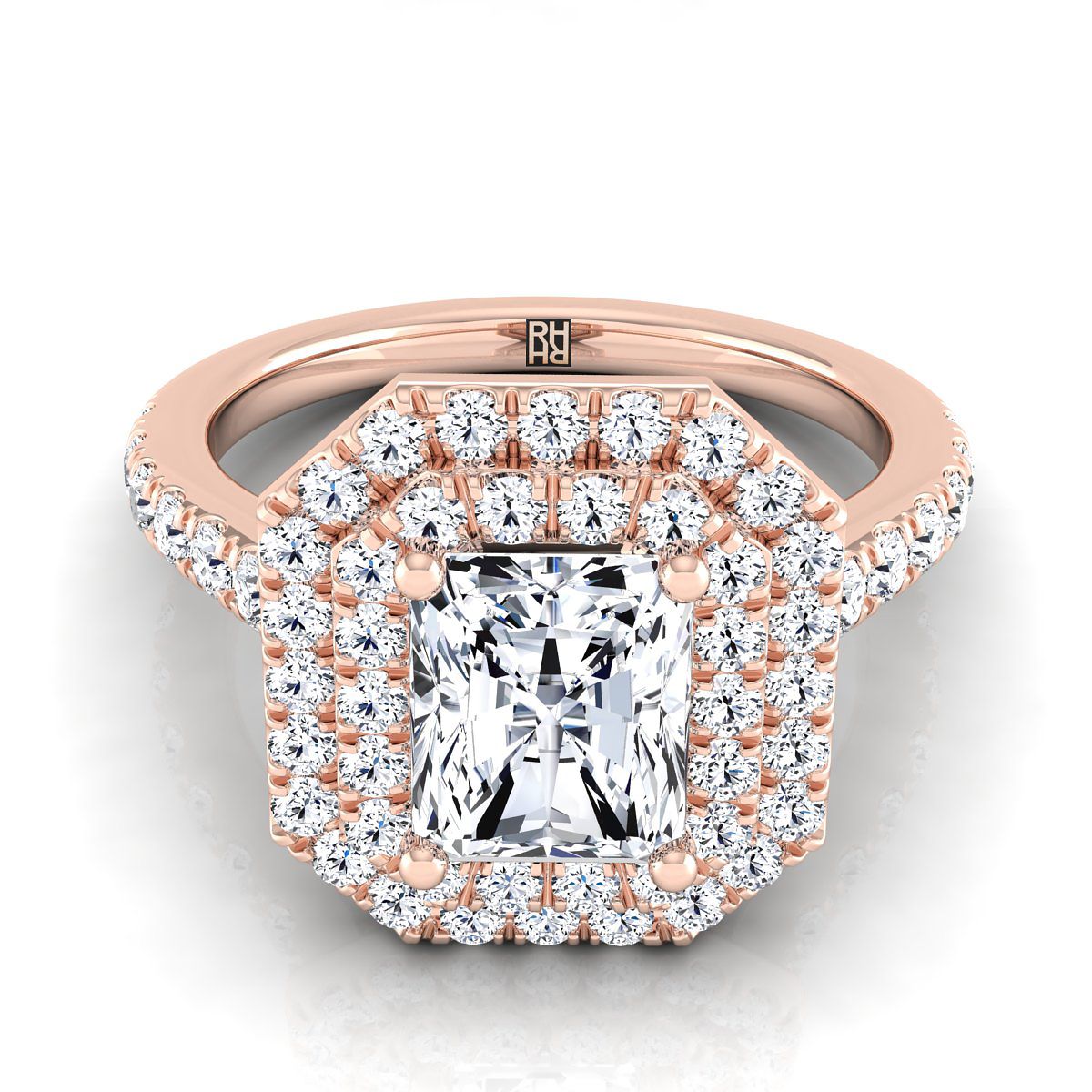 Double Pavé Halo Linear Band Radiant, in 14K Rose Gold, pave setting | RockHer