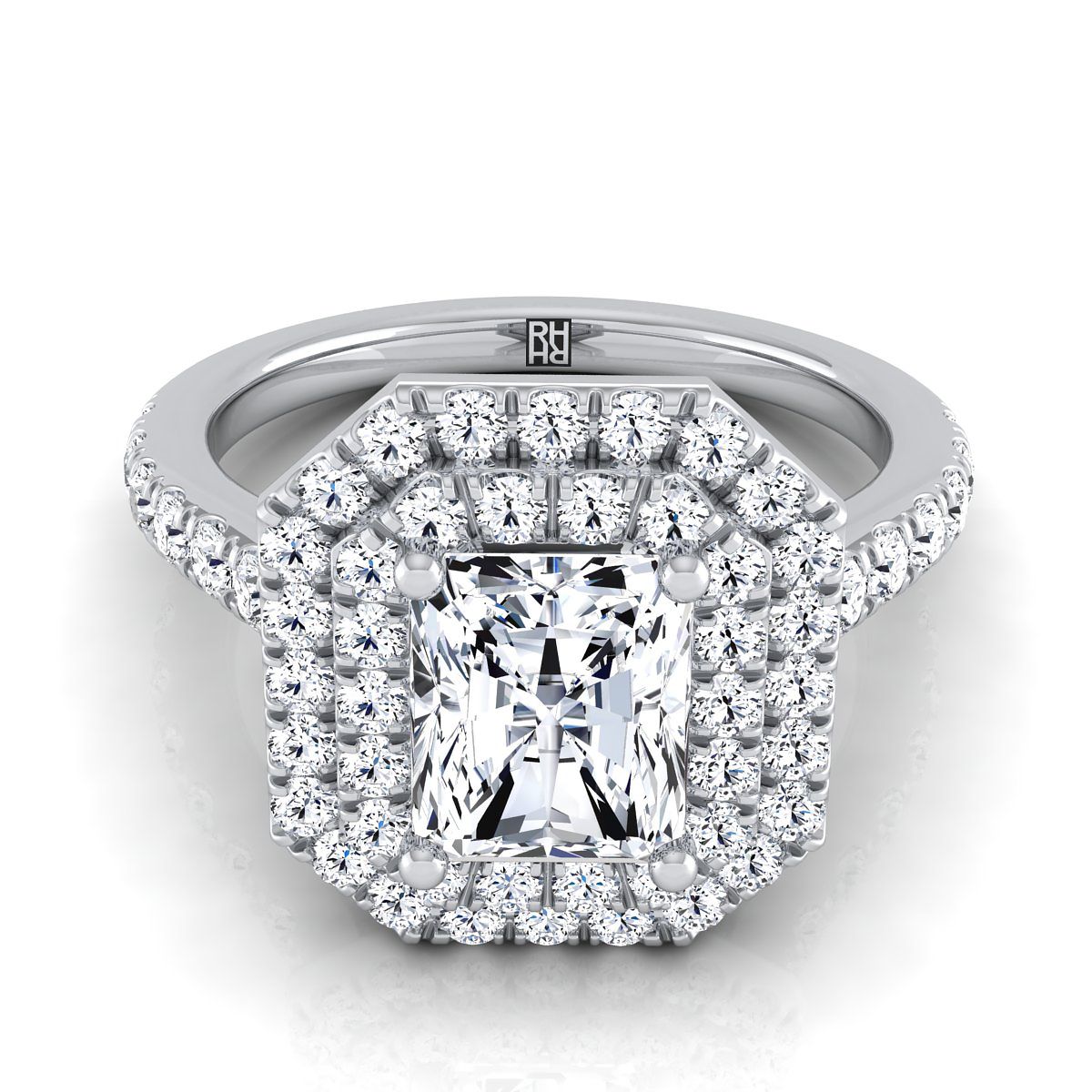Double Pavé Halo Linear Band Radiant, in 18K White Gold, pave setting | RockHer