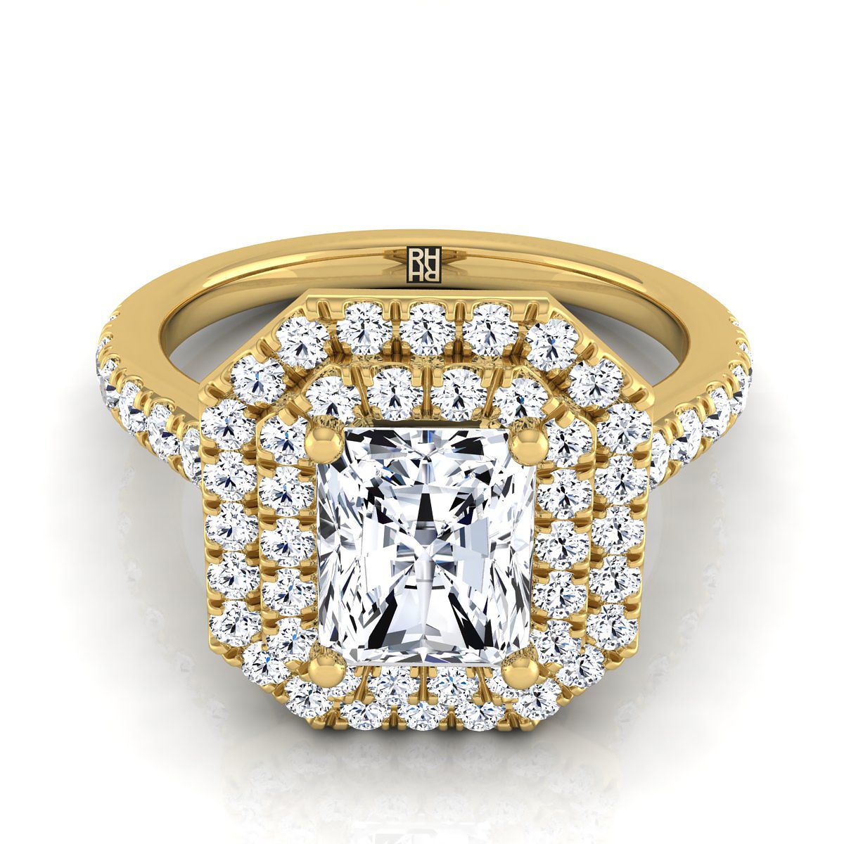 Double Pavé Halo Linear Band Radiant, in 18K Yellow Gold, pave setting | RockHer