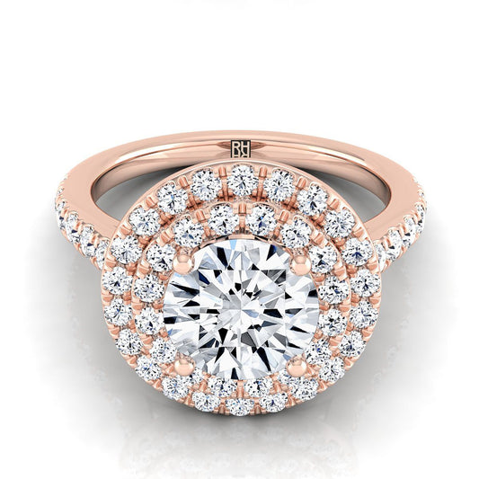 แหวนหมั้นเพชรทรงกลมเจียระไนแบบ Brilliant แบบ Double Pave Halo ทองกุหลาบ 14K พร้อมเพชรเส้นตรง - 3/4ctw