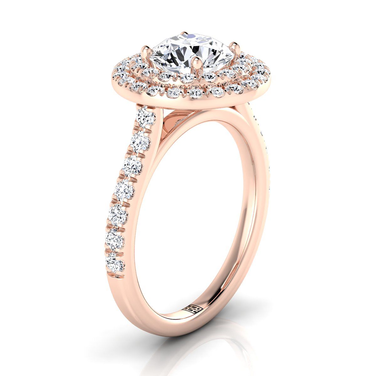 Round Brilliant, Double Pavé Halo Linear Band, in 14K Rose Gold, pave setting – side profile | RockHer