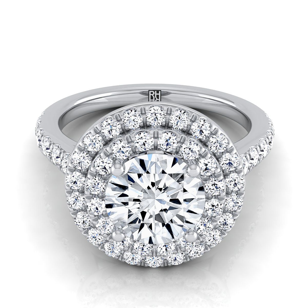 Round Brilliant, Double Pavé Halo Linear Band, in 18K White Gold, pave setting | RockHer