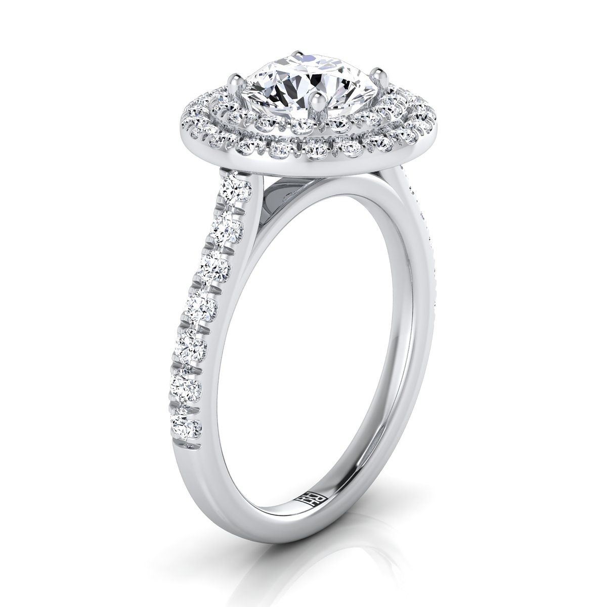 Round Brilliant, Double Pavé Halo Linear Band, in Platinum, pave setting – side profile | RockHer
