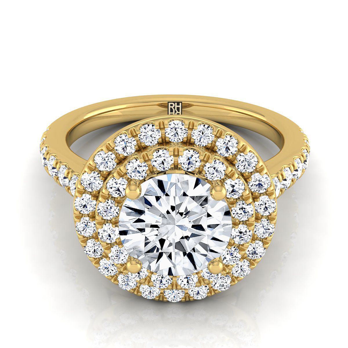 Round Brilliant, Double Pavé Halo Linear Band, in 18K Yellow Gold, pave setting | RockHer