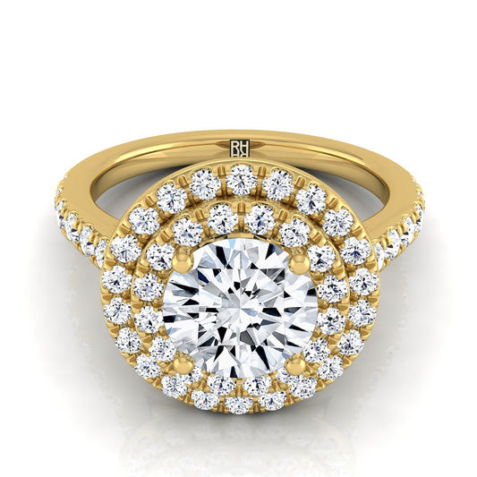 Round Brilliant, Double Pavé Halo Linear Band, in 18K Yellow Gold, pave setting | RockHer