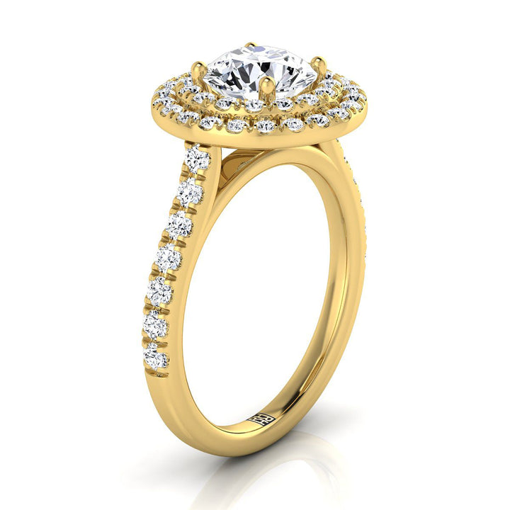 Round Brilliant, Double Pavé Halo Linear Band, in 18K Yellow Gold, pave setting – side profile | RockHer