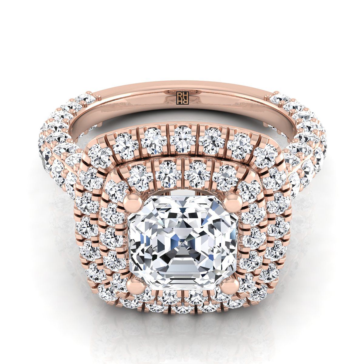 Bold Double Halo Asscher, in 14K Rose Gold, pave setting | RockHer